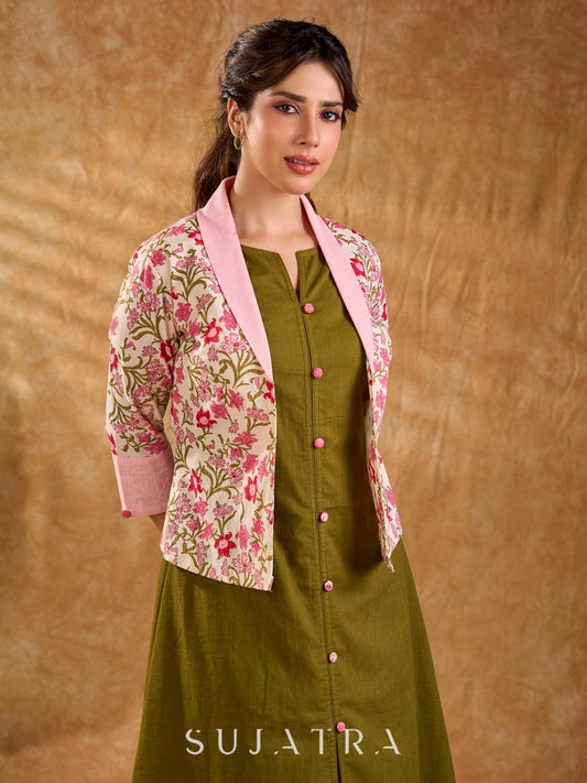 Olive Green Cotton Sleeveless A-Line Dress with Pink Button Front & Side Slit