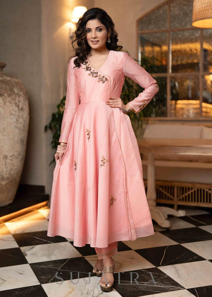 Classy Hand Embroidered Peach Chanderi Flared Kurta & Pant - Dupatta Optional