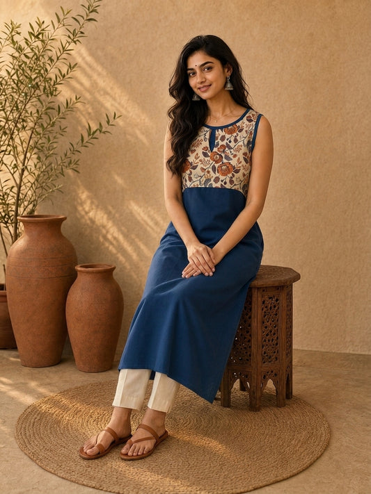 Chic Navy Blue Sleeveless Rayon Kurta with Floral Printed Yoke & Keyhole Neckline