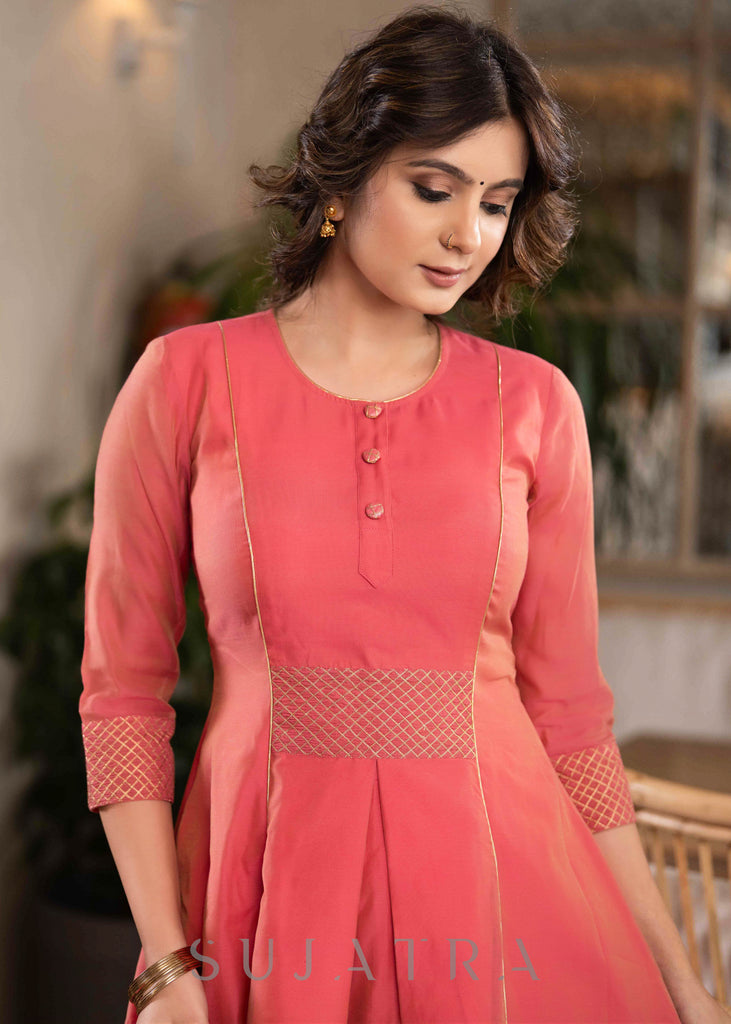 Stylish Fuchsia Pink Chanderi Kurta With Gold Detailing - Pant Optional