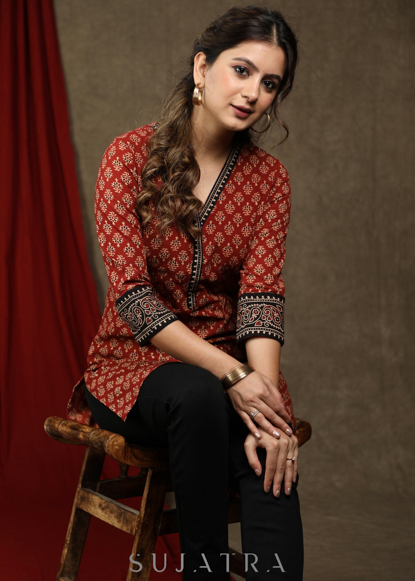 Beautiful maroon cotton ajrakh tunic with combination sleeves