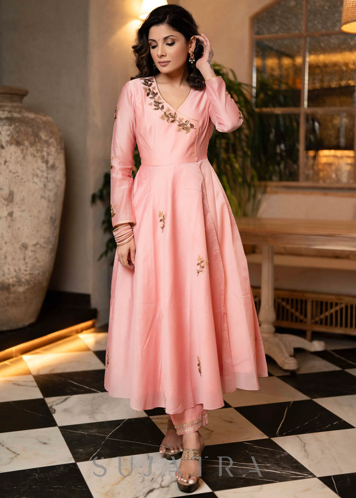 Classy Hand Embroidered Peach Chanderi Flared Kurta & Pant - Dupatta Optional