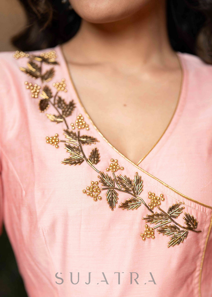 Classy Hand Embroidered Peach Chanderi Flared Kurta & Pant - Dupatta Optional