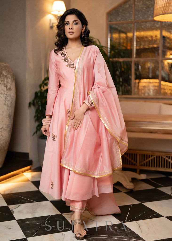 Classy Hand Embroidered Peach Chanderi Flared Kurta & Pant - Dupatta Optional