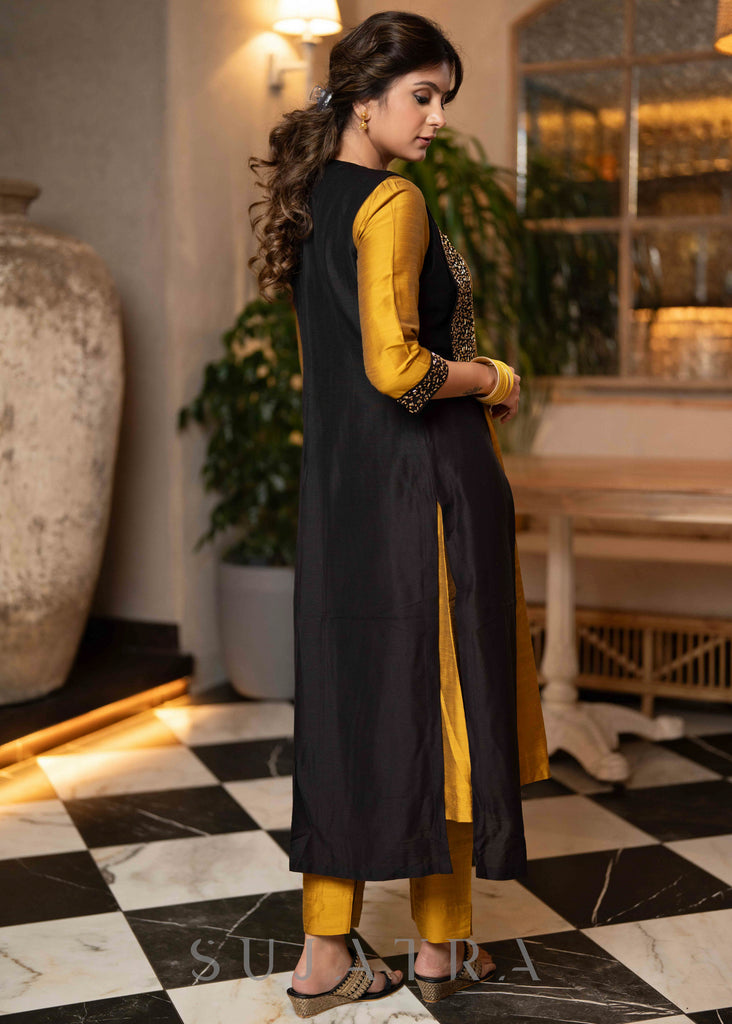 Hand Embroidered Black Jacket With Mustard Cotton Silk Kurta  - Pant Optional