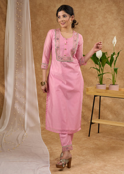 Elegant baby pink Chanderi kurta with embroidered lace Pant Optional