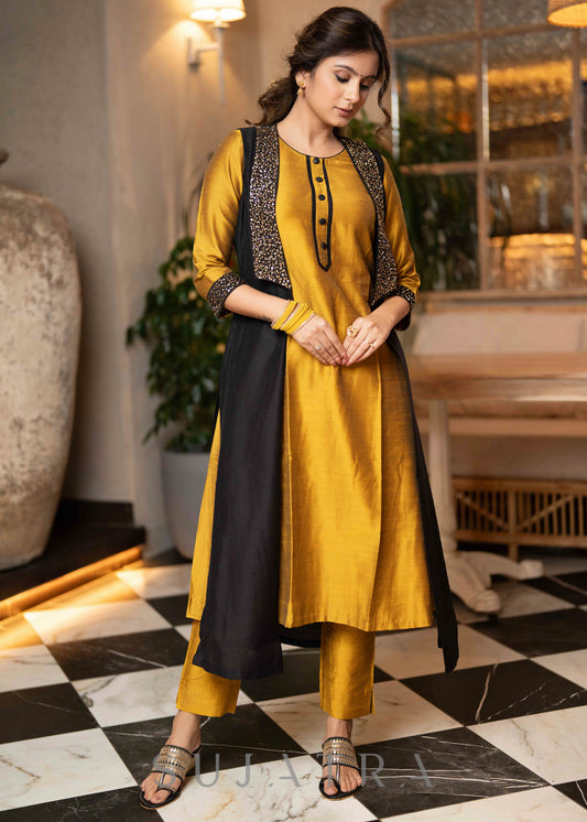Beautiful mustard cotton silk kurta with stone work on sleeves