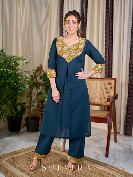 Chic Bottle Green Cotton Kurta with Mustard Floral Printed Yoke & Cuff with Handcrafted Kantha