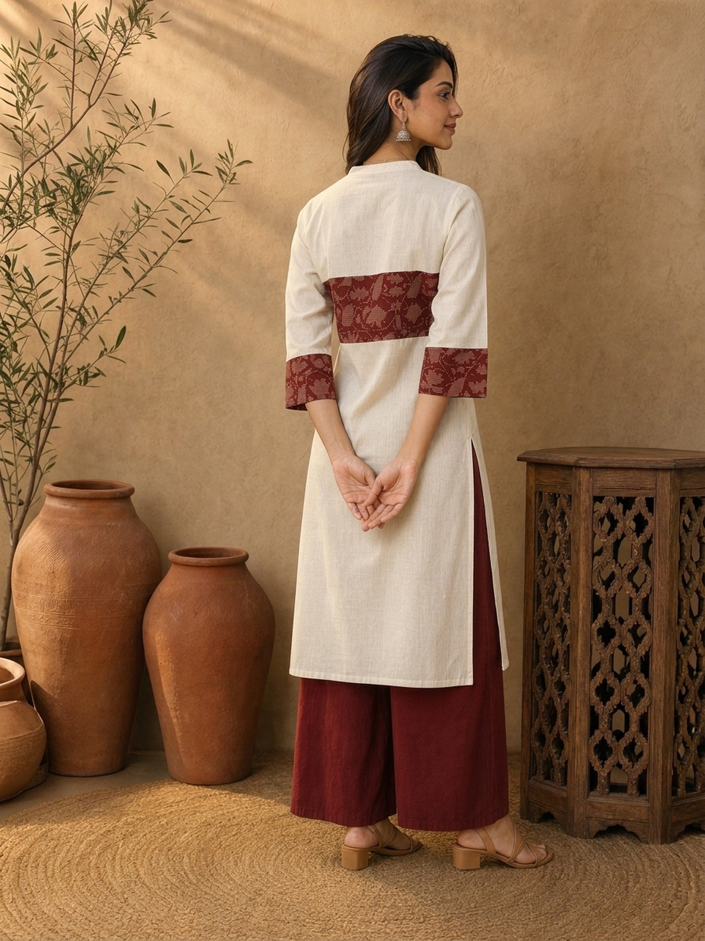 Classic Off-White Cotton Flex Kurta Featuring Bold Rust Ikat Empire Waist Panel & Collared Neckline