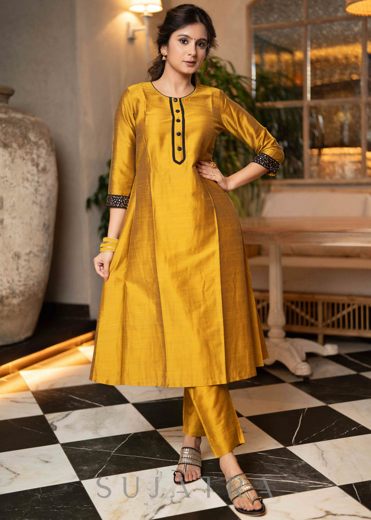 Hand Embroidered Black Jacket With Mustard Cotton Silk Kurta  - Pant Optional