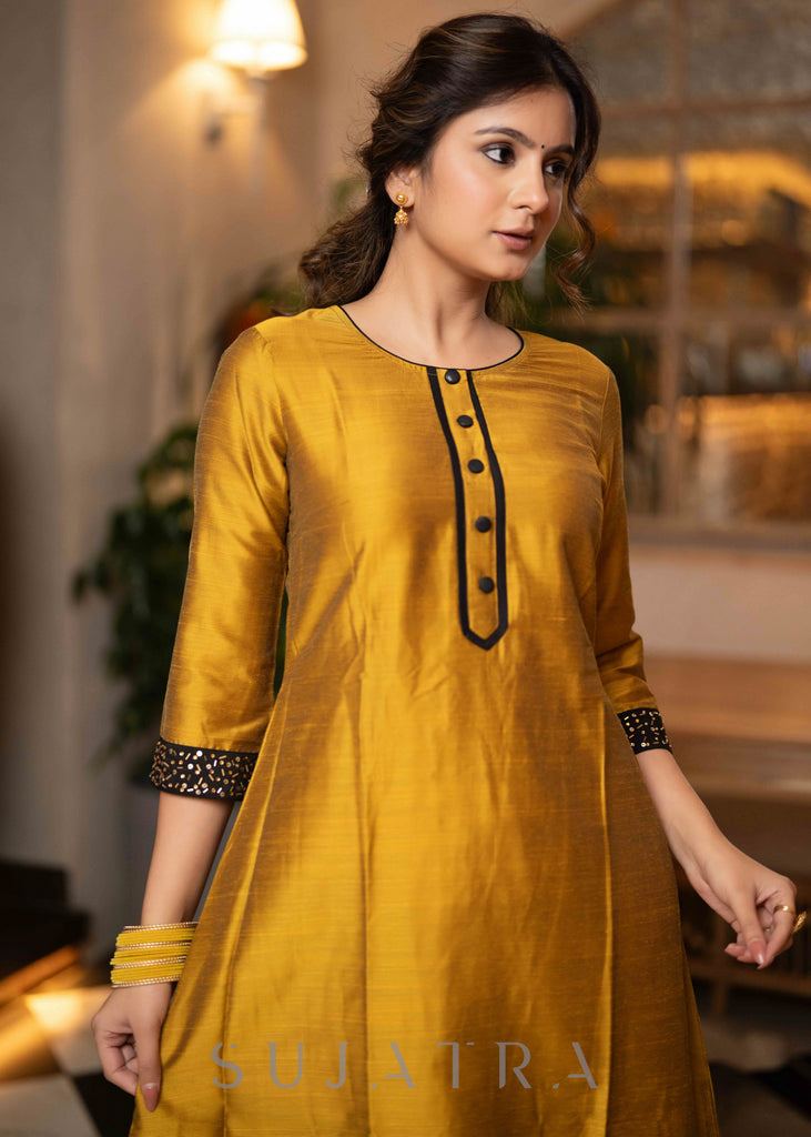 Hand Embroidered Black Jacket With Mustard Cotton Silk Kurta  - Pant Optional