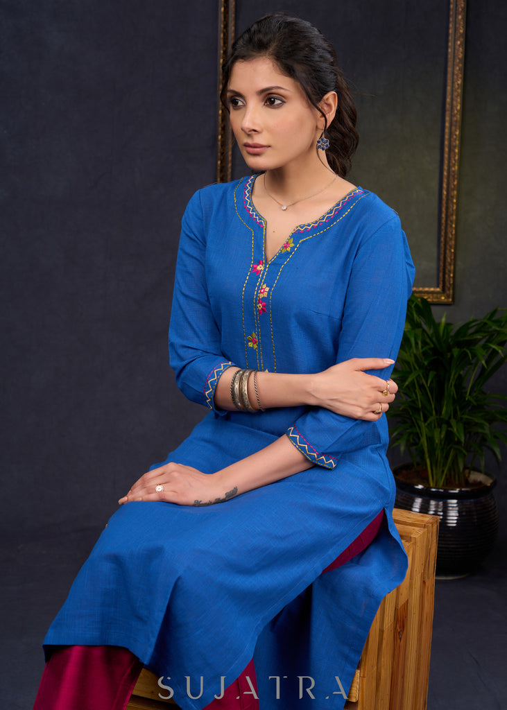Smart-Royal-Blue-Cotton-Straight-Fit-Kurta-With-Beautiful-Embroidery-On-The-Neckline--Pant-Optional