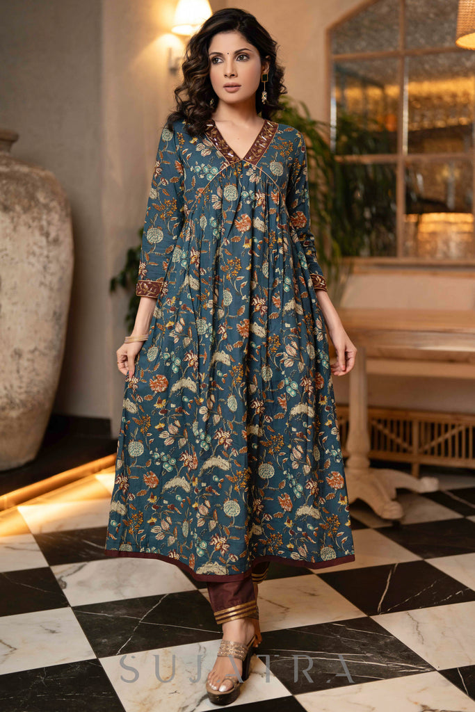 Hand Embroidered Blue Flared Cotton Kurta - Pant Optional