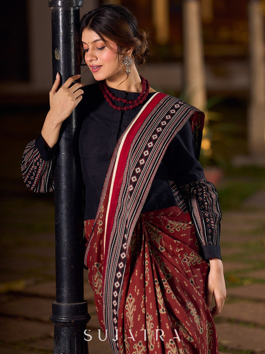 Classic Maroon Ajrakh Print Cotton Saree with Geometric Border