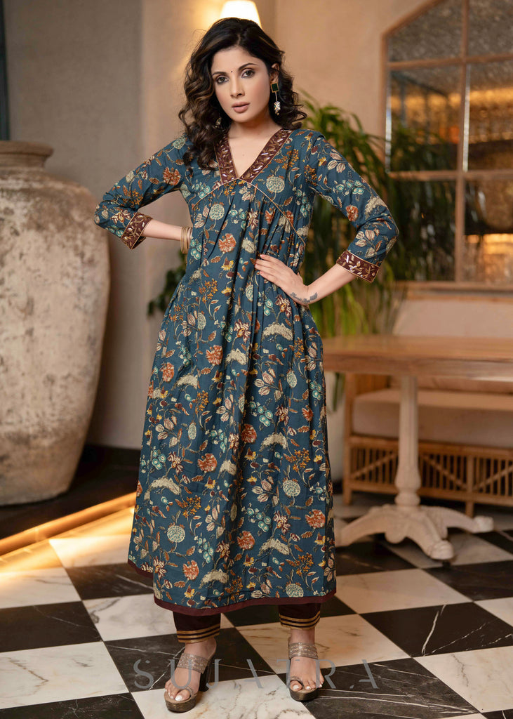 Hand Embroidered Blue Flared Cotton Kurta - Pant Optional