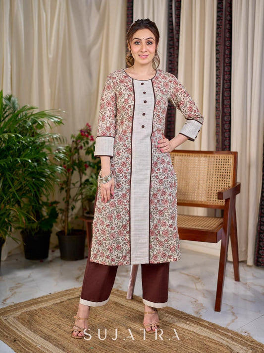 Brown Cotton Silk Straight Pant with Contrast Ivory Border