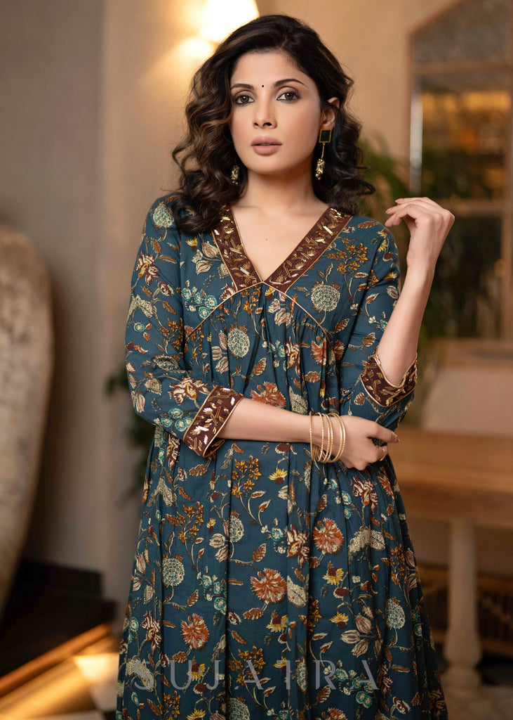 Hand Embroidered Blue Flared Cotton Kurta - Pant Optional