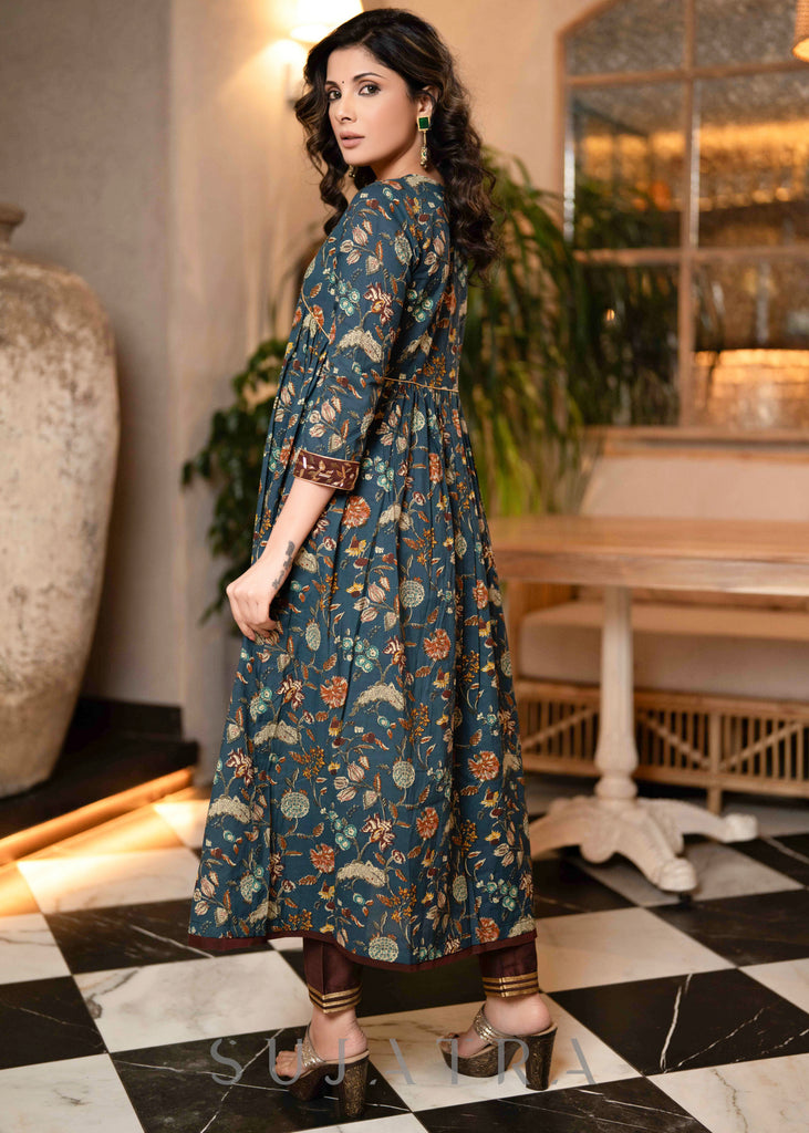 Hand Embroidered Blue Flared Cotton Kurta - Pant Optional