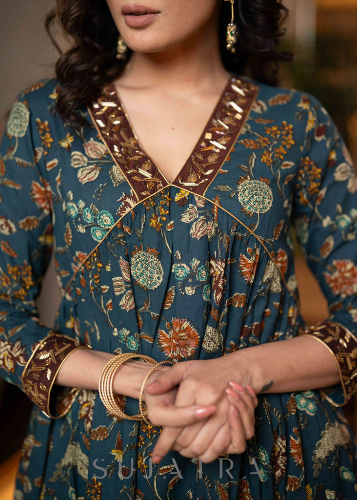 Hand Embroidered Blue Flared Cotton Kurta - Pant Optional