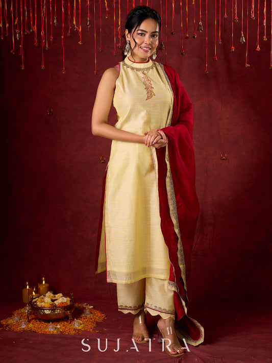 Elegant halter neck kurta in soft Chanderi with hand-painted art pant n dupatta optional