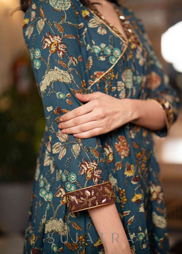 Hand Embroidered Blue Flared Cotton Kurta - Pant Optional