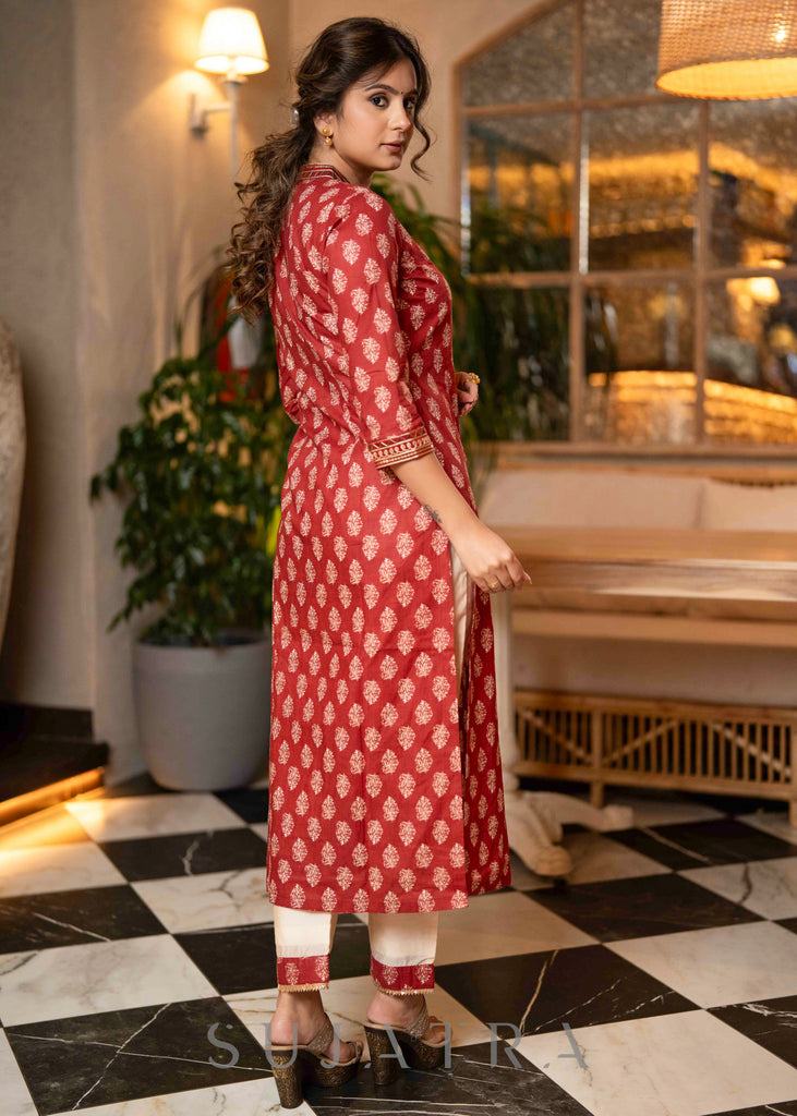Exclusive Hand Embroidered Printed Maroon Kurta With Pant  - Dupatta Optional