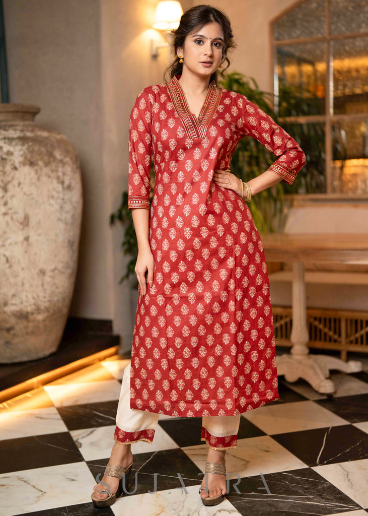 Exclusive Hand Embroidered Printed Maroon Kurta With Pant  - Dupatta Optional