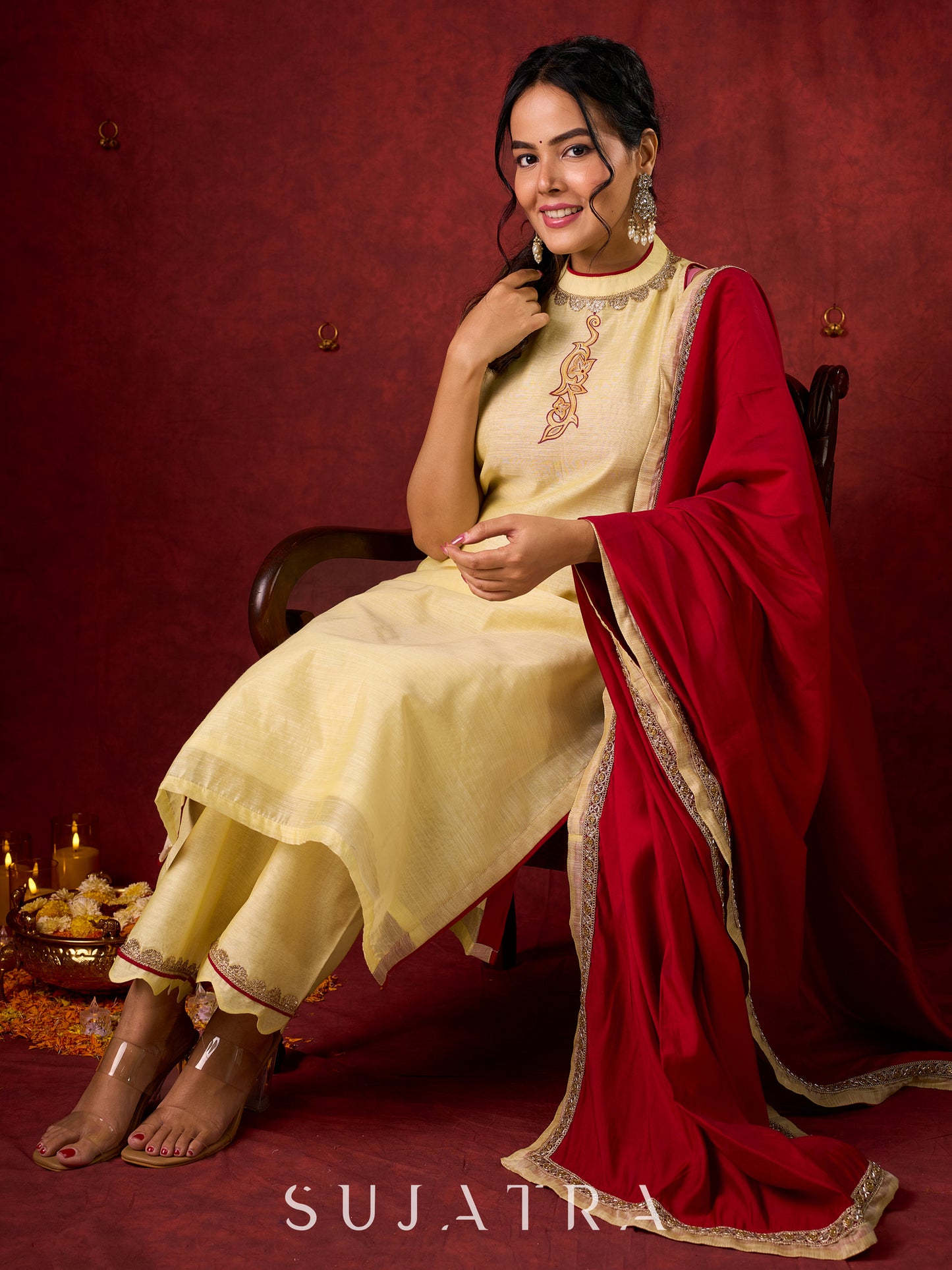 Elegant silk-blend dupatta in deep red, perfect for festive occasions