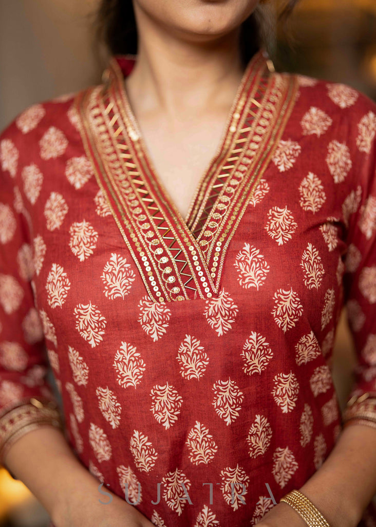 Exclusive Hand Embroidered Printed Maroon Kurta With Pant  - Dupatta Optional