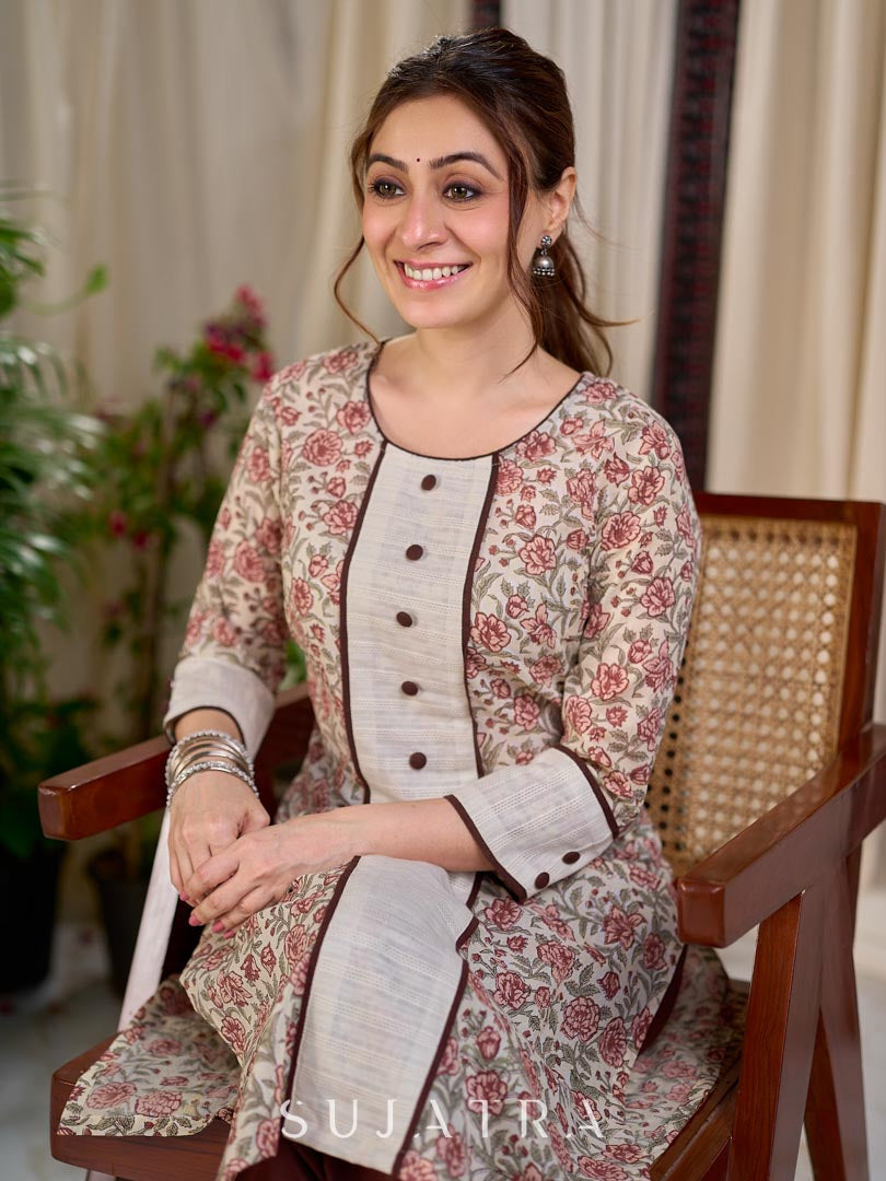 Cream Floral Hand Block Print Mul Cotton Kurta with Handwoven Ivory Center Panel and Brown Button Detail