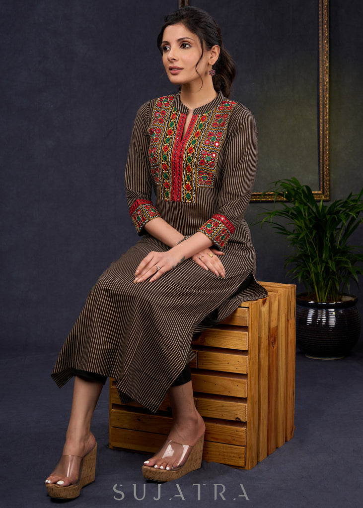 Traditional-Black-Cotton-Ajrakh-Straight-Cut-Kurta-With-Beautiful-Kutch-Mirror-Work--Pant-Optional