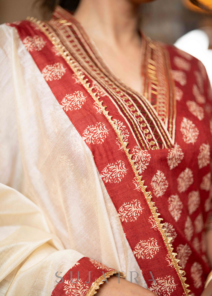 Exclusive Hand Embroidered Printed Maroon Kurta With Pant  - Dupatta Optional