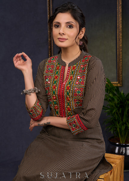 Traditional-Black-Cotton-Ajrakh-Straight-Cut-Kurta-With-Beautiful-Kutch-Mirror-Work--Pant-Optional