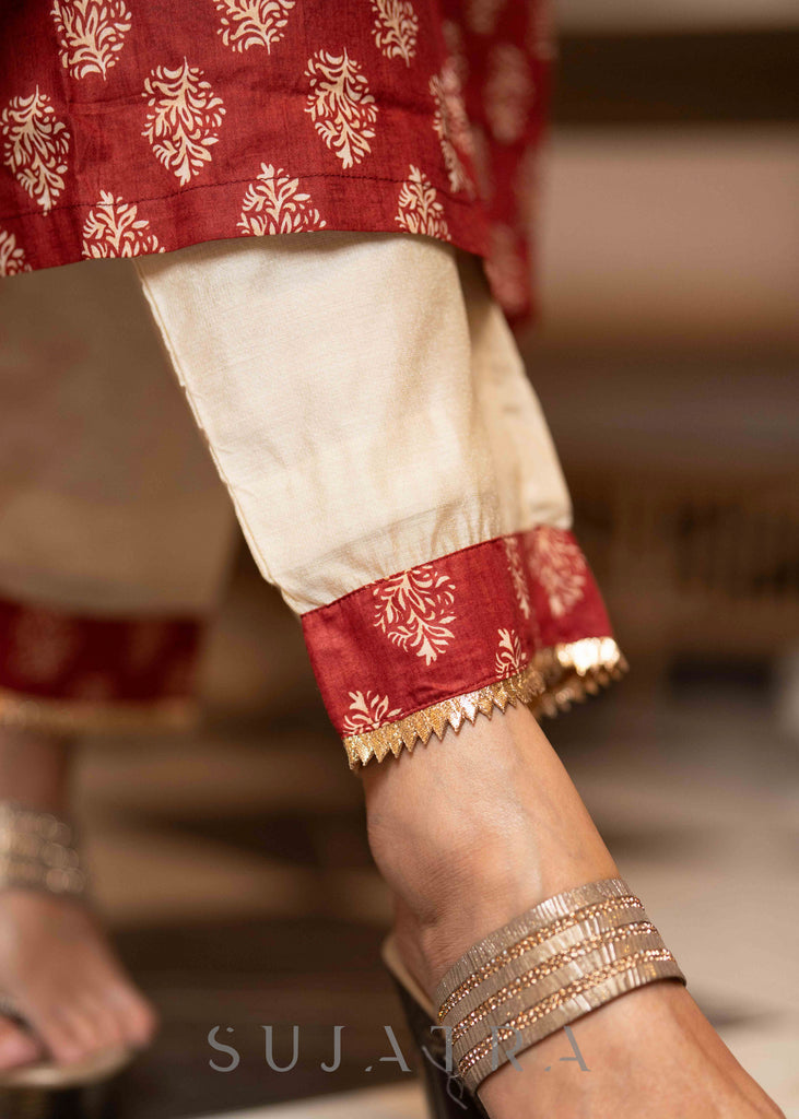 Exclusive Hand Embroidered Printed Maroon Kurta With Pant  - Dupatta Optional