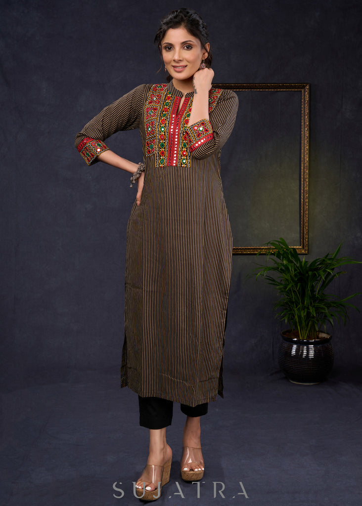 Traditional-Black-Cotton-Ajrakh-Straight-Cut-Kurta-With-Beautiful-Kutch-Mirror-Work--Pant-Optional