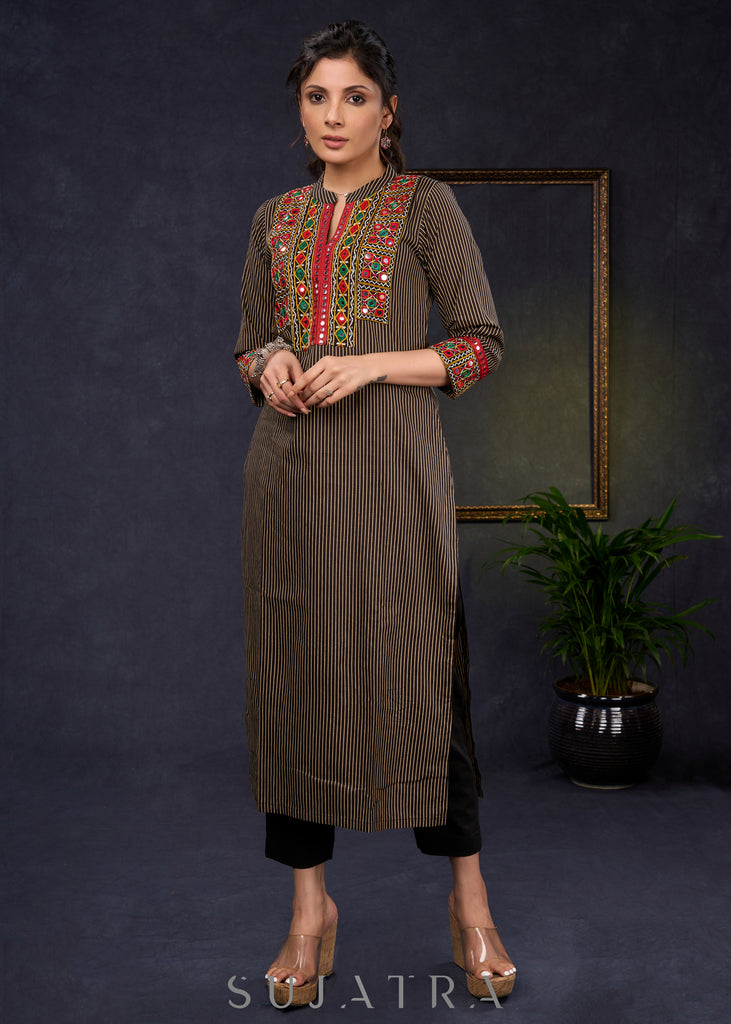 Traditional-Black-Cotton-Ajrakh-Straight-Cut-Kurta-With-Beautiful-Kutch-Mirror-Work--Pant-Optional