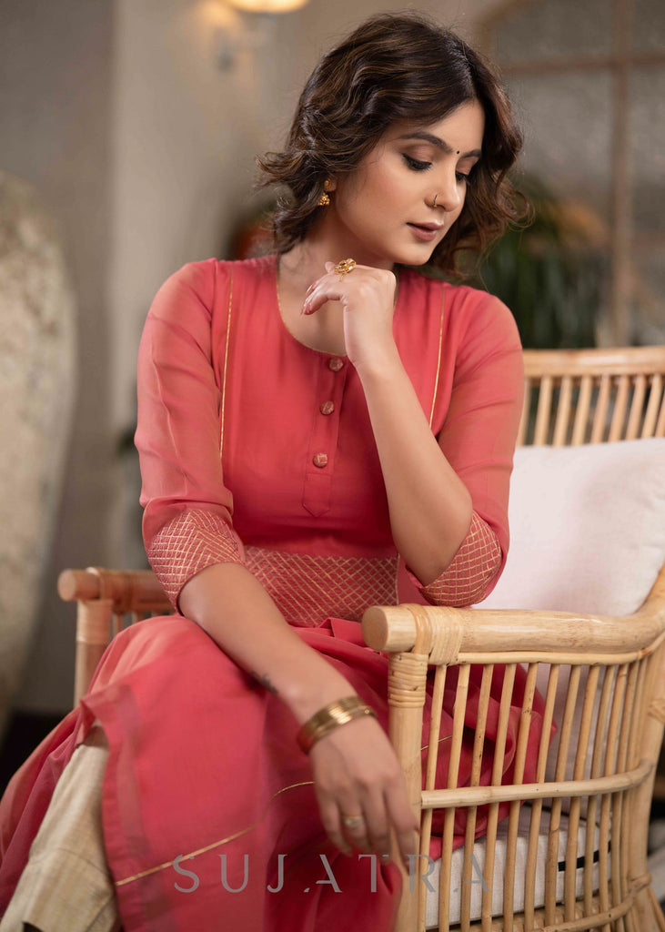 Stylish Fuchsia Pink Chanderi Kurta With Gold Detailing - Pant Optional