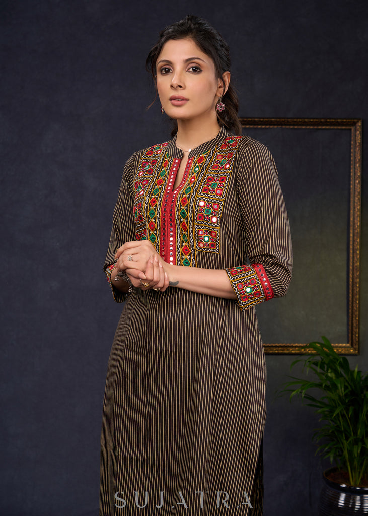 Traditional-Black-Cotton-Ajrakh-Straight-Cut-Kurta-With-Beautiful-Kutch-Mirror-Work--Pant-Optional
