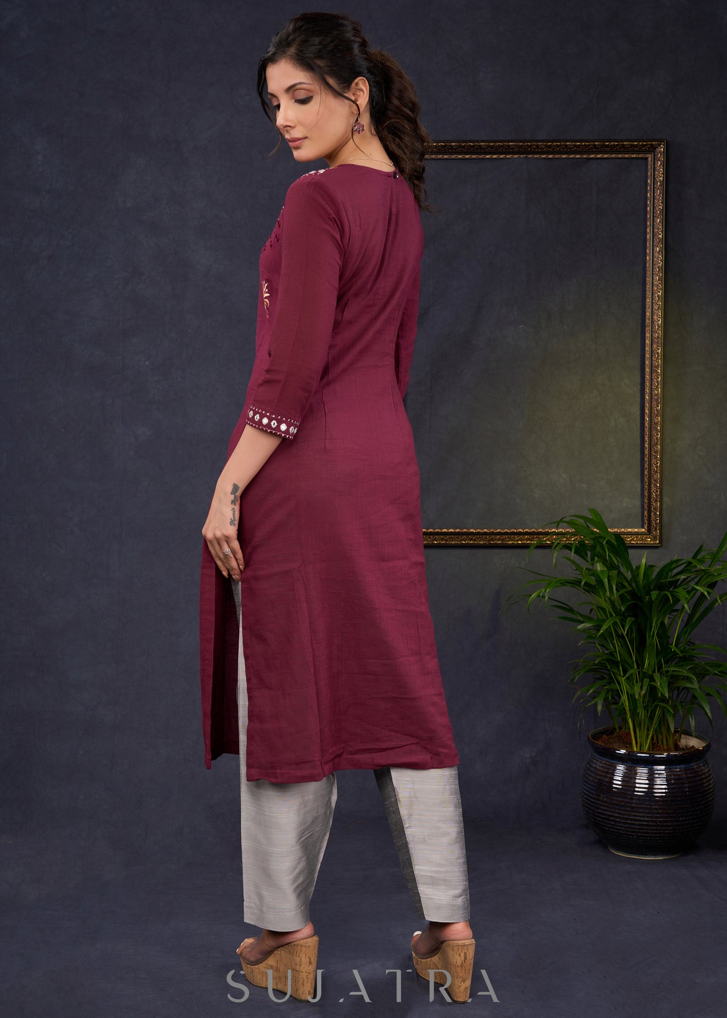 Classy-Wine-Cotton-Straight-Cut-Kurta-With-Mirror-Embroidery--Pant-Optional