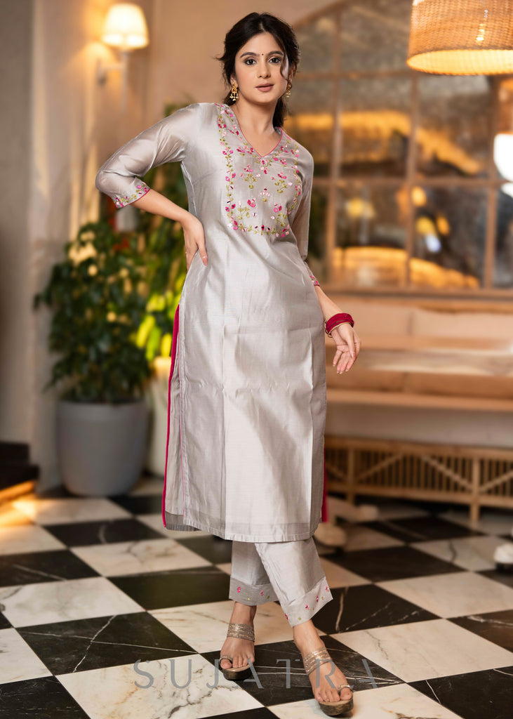 Beautiful Hand Embroidered Grey Chanderi Kurta With Matching Pant  - Dupatta Optional
