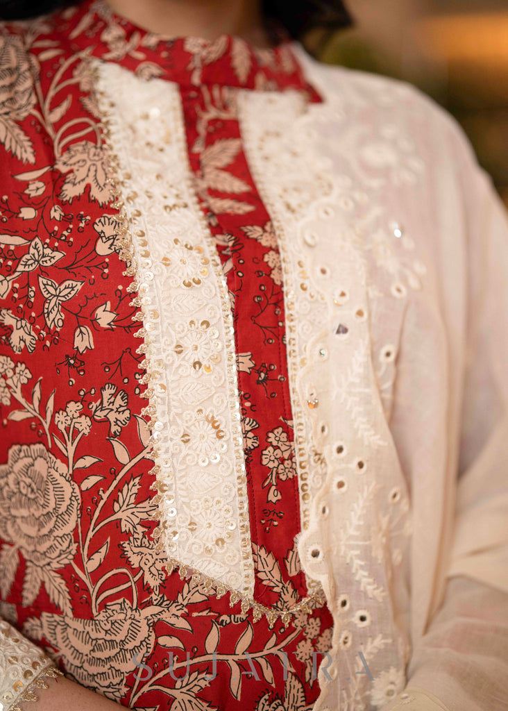 Red Cotton Printed Thread Work Lace Flared cotton Kurta With Pant - Dupatta Optional
