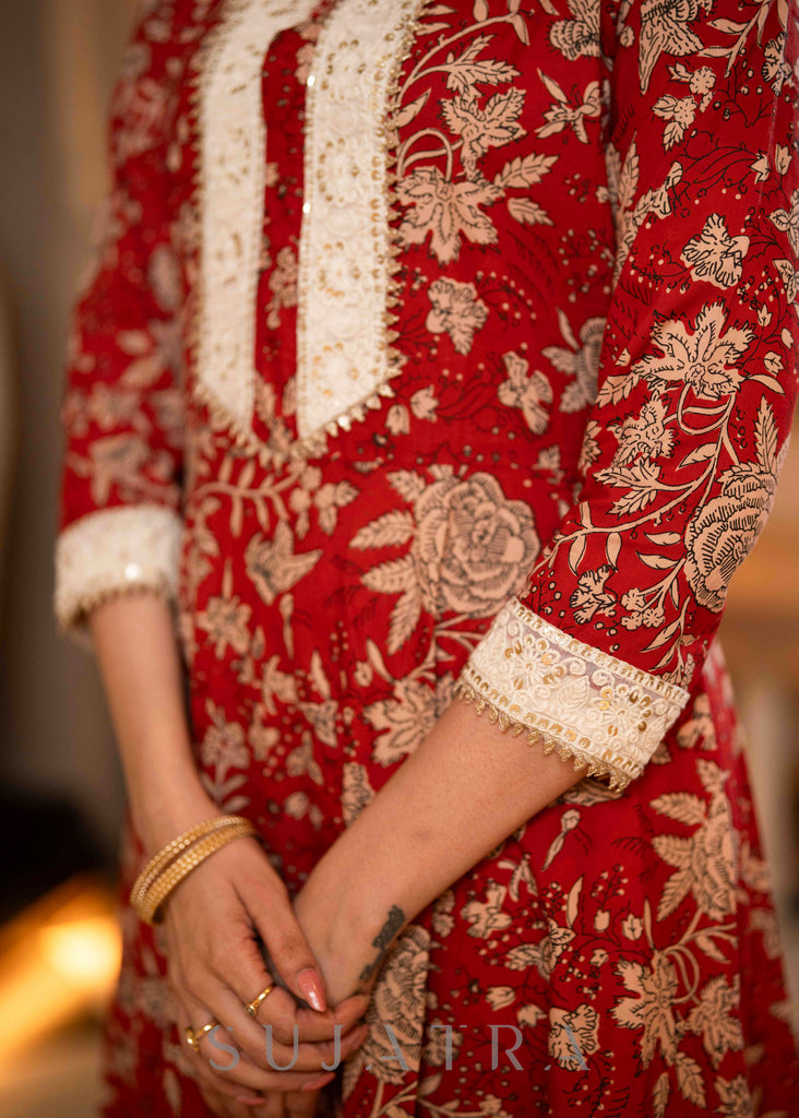Red Cotton Printed Thread Work Lace Flared cotton Kurta With Pant - Dupatta Optional