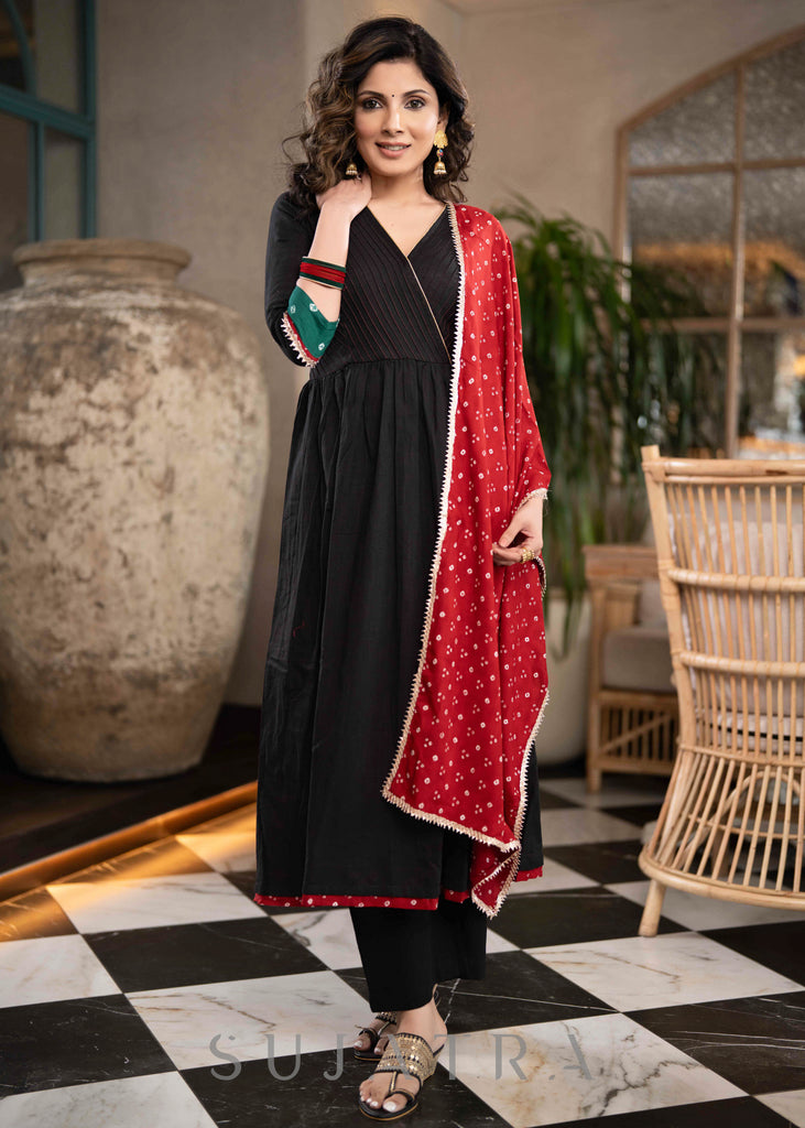 Stylish Black Cotton Pant & A Line Kurta With Pin tucks & Bandhani Detailing - Dupatta Optional