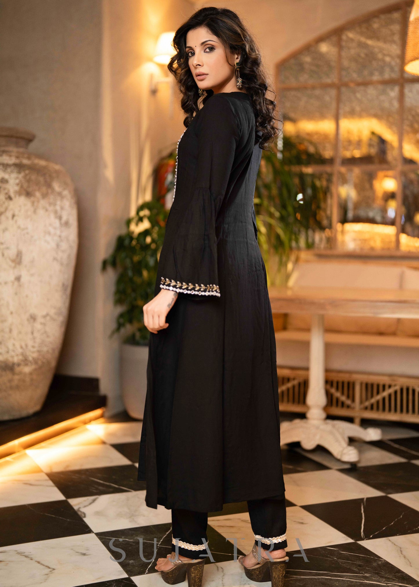 Hand Embroidered Black Rayon A Line Kurta