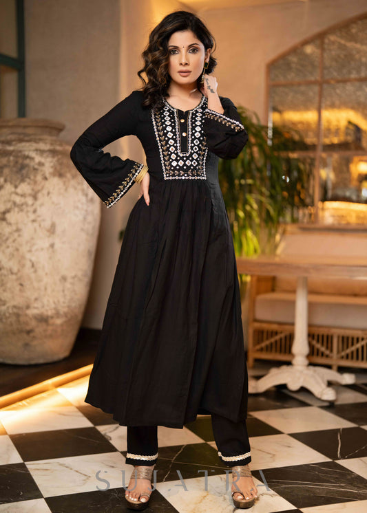 Hand Embroidered Black Rayon A Line Kurta