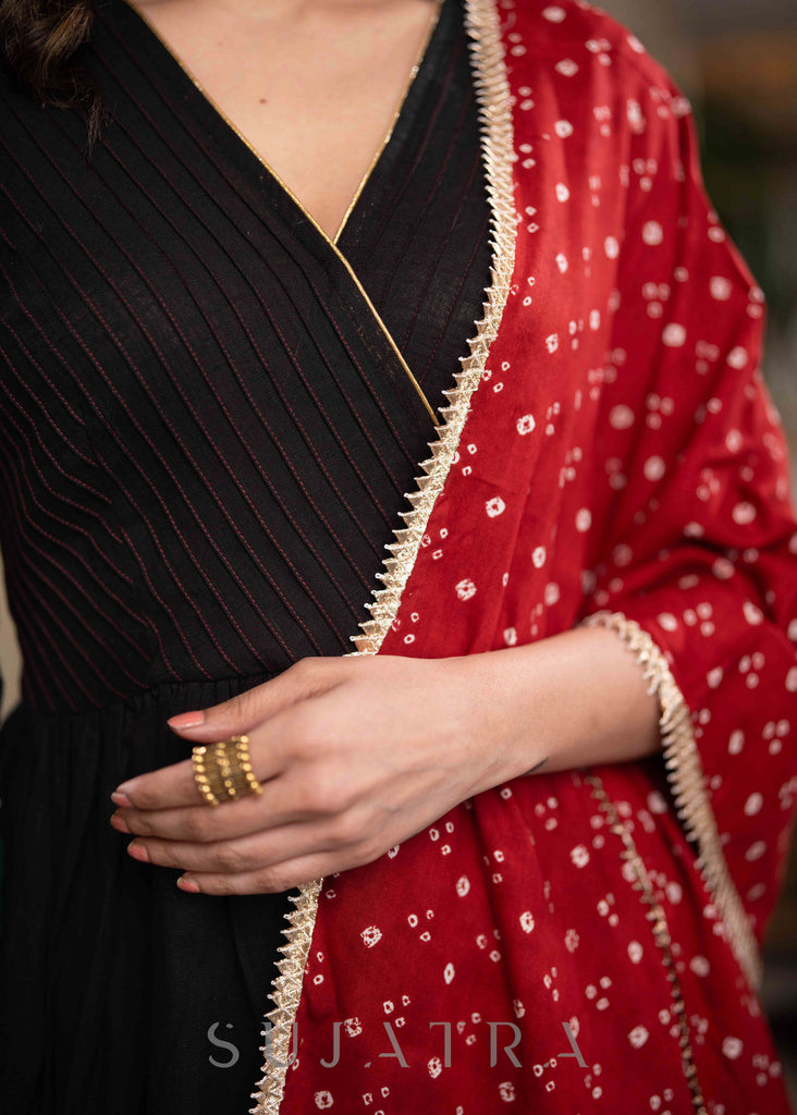 Stylish Black Cotton Pant & A Line Kurta With Pin tucks & Bandhani Detailing - Dupatta Optional