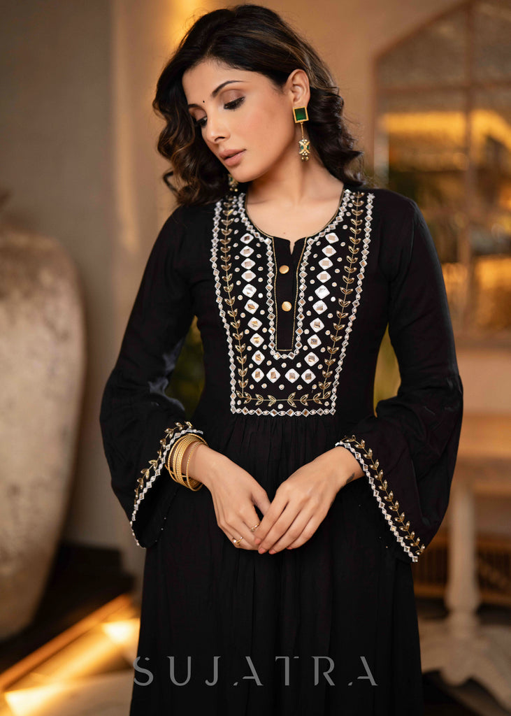 Hand Embroidered Black Rayon A Line Kurta With Pant  - Dupatta Optional