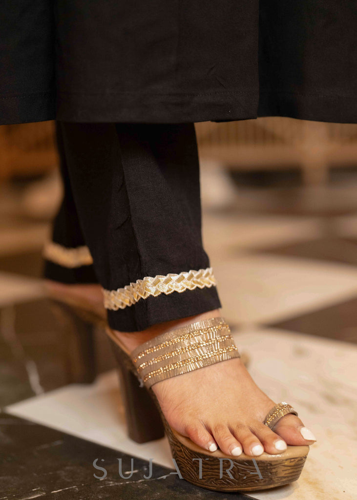 Hand Embroidered Black Rayon A Line Kurta With Pant  - Dupatta Optional