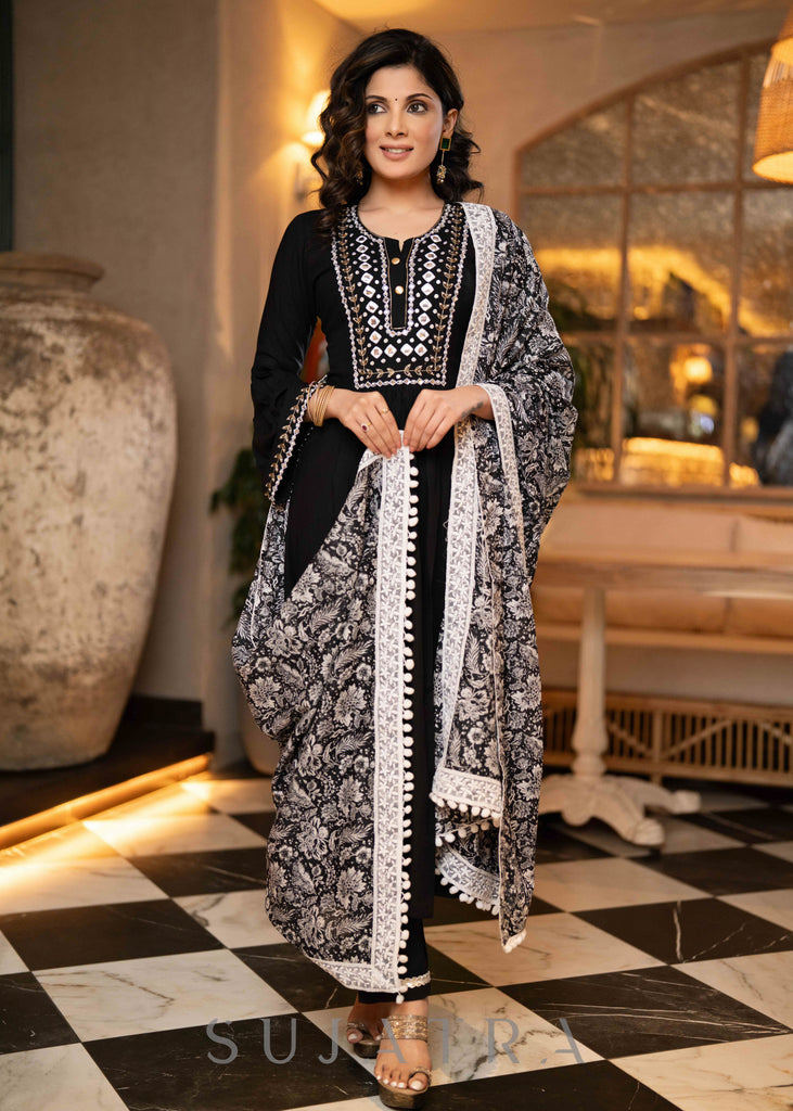 Hand Embroidered Black Rayon A Line Kurta With Pant  - Dupatta Optional
