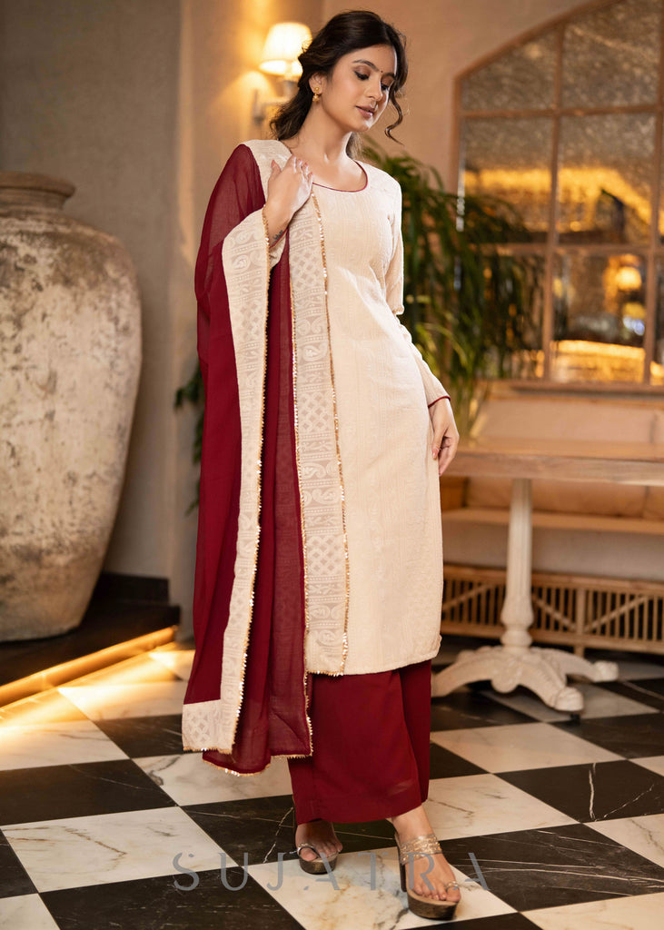 Beautiful Beige Chikankari Kurta With Maroon Georgette Palazzo - Dupatta Optional